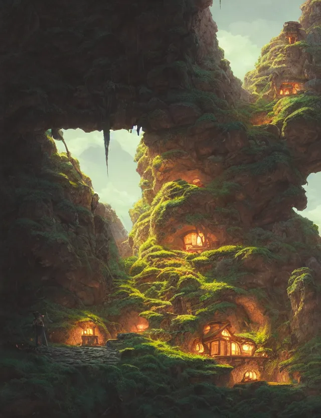 Image similar to the house in the cave, unreal engine, fantasy art by greg, loish, race, ferdinand knab, tom bagshaw, makoto shinkai and louis van baerle, rossdraws, ilya kuvshinov, night lighting, studio ghibli trends, highly detailed, 8 k, octane rendering