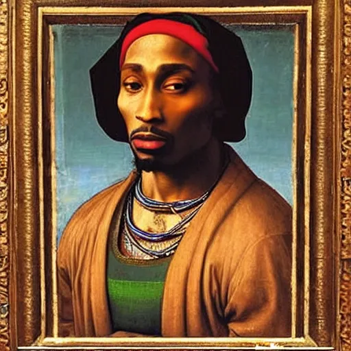 Image similar to A Renaissance portrait painting of Tupac Shakur by Giovanni Bellini and Leonardo da Vinci. Tupac