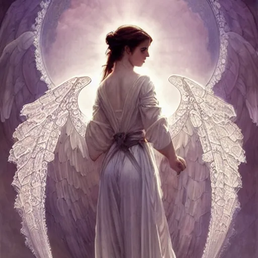 Image similar to emma watson as an angel, white lace, highly detailed, digital painting, matte, sharp focus, art by artgerm, greg rutkowski, alphonse mucha, frank frzetta, boris vallejo, bouguereau, beksinski, cinematic