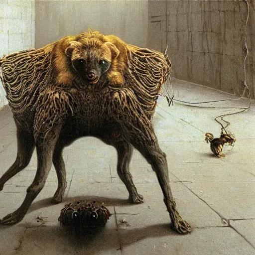 Image similar to spider morphed with a hyena, in sewer, highly detailed beksinski art