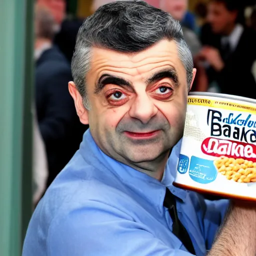 Prompt: rowan atkinson inside a can of baked beans