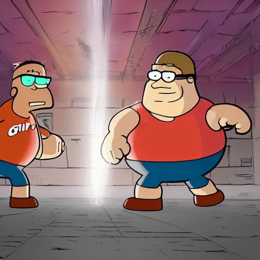 Prompt: peter griffin fighting against brad pitt, in a basement with concrete floor, light ray from a blurry window, floating dust, motion blur, gloomy, stippled walls, cinematic shot, in john salt style, realistic, 4 k, perfectly defined features