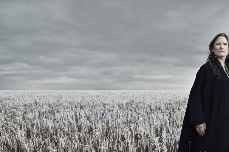 Image similar to a cinematic headshot portrait of a frozen middle aged woman stood in a field, field on fire, ultra realistic, depth, beautiful lighting, by annie leibovitz