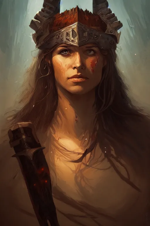 Prompt: head and shoulders portrait of a barbarian, female, high fantasy, dnd, nuri iyem, james gurney, james jean, greg rutkowski, anato finnstark