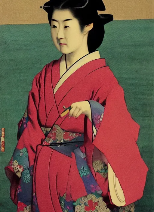 Image similar to Painting of a Japanese woman in the style of Jean-Léon Gérôme, kimono, cherry blossoms