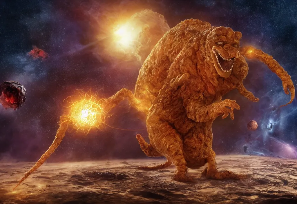 Image similar to eldritch horror bloody garfield in space, hd, 8 k, giant, epic, realistic photo, unreal engine, stars, prophecy, powerful, cinematic lighting, destroyed planet, debris, violent, sinister, ray tracing, dynamic, epic composition, dark, horrific, teeth, grotesque, monochrome drawing, hellscape