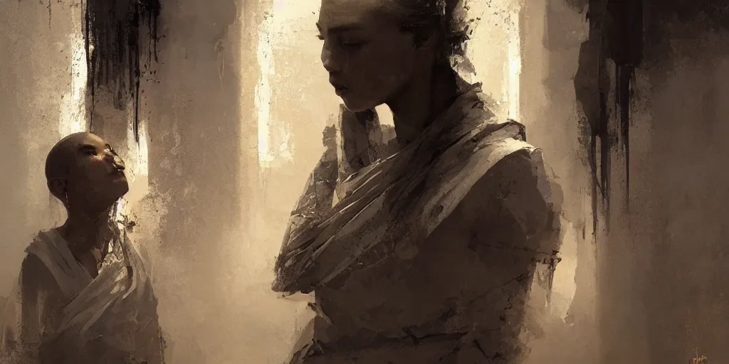 Image similar to female monk girl, beautiful face, rule of thirds, intricate outfit, spotlight, by greg rutkowski, by jeremy mann, digital painting