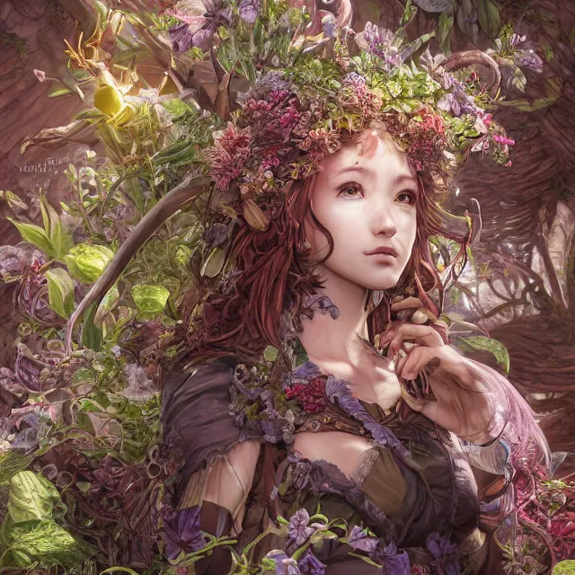 Image similar to the portrait of chaotic good female druid botanist as absurdly beautiful, gorgeous, elegant, young gravure idol, an ultrafine hyperdetailed illustration by kim jung gi, irakli nadar, intricate linework, sharp focus, bright colors, octopath traveler, final fantasy, unreal engine 5 highly rendered, global illumination, radiant light, detailed and intricate environment