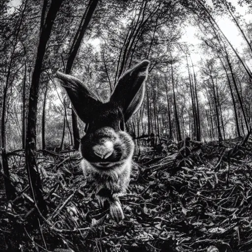 Image similar to fish eye footage of a death rabbit with human face in the forest, black and white night