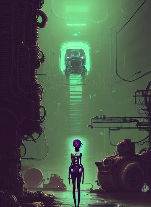 Image similar to highly detailed portrait of an moody wasteland punk long dripping green poison hair tribal lady, stray wiring by atey ghailan, james gilleard, by joe fenton, by greg rutkowski, by greg tocchini, by kaethe butcher, 4 k resolution, gradient purple, brown black and white color scheme!!! ( ( green flaming robotic sewer background ) )