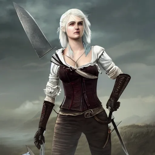 Prompt: Ciri from the Witcher standing on a roof holding a sword, realistic digital art.