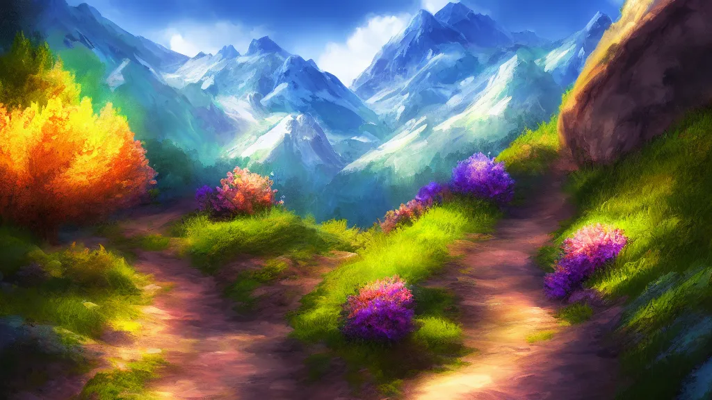 Prompt: mountain, path, blue sky. bloom, lighting. fantasy, digital painting, hd, detailed.