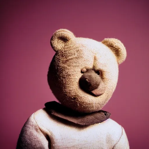 Image similar to Portrait studio photograph of Kanye West with a anthropomorphic teddy bear, close up, shallow depth of field, in the style of Felice Beato, Noir film still, 40mm