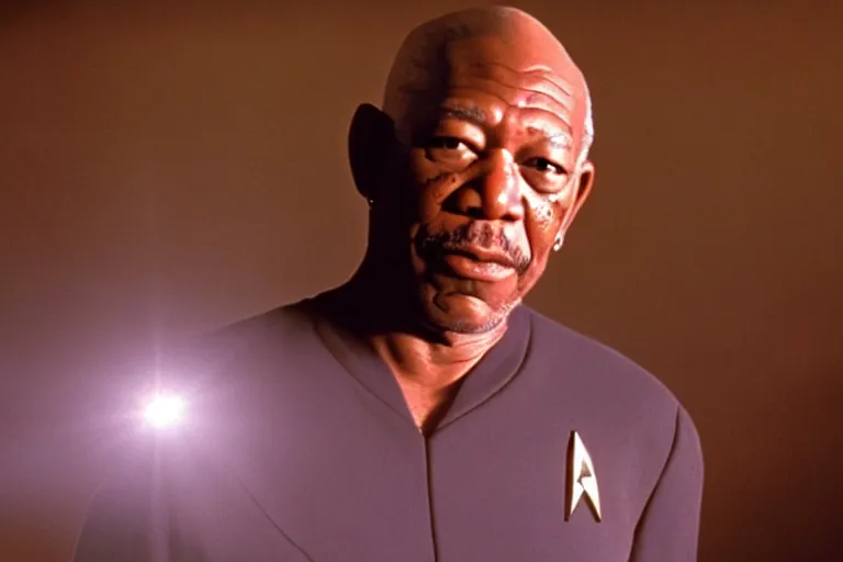 Image similar to a film still of Morgan Freeman starring as a Captain Picard in a Star Trek: The Next Generation, sitting in Ten Forward, dramatic lighting