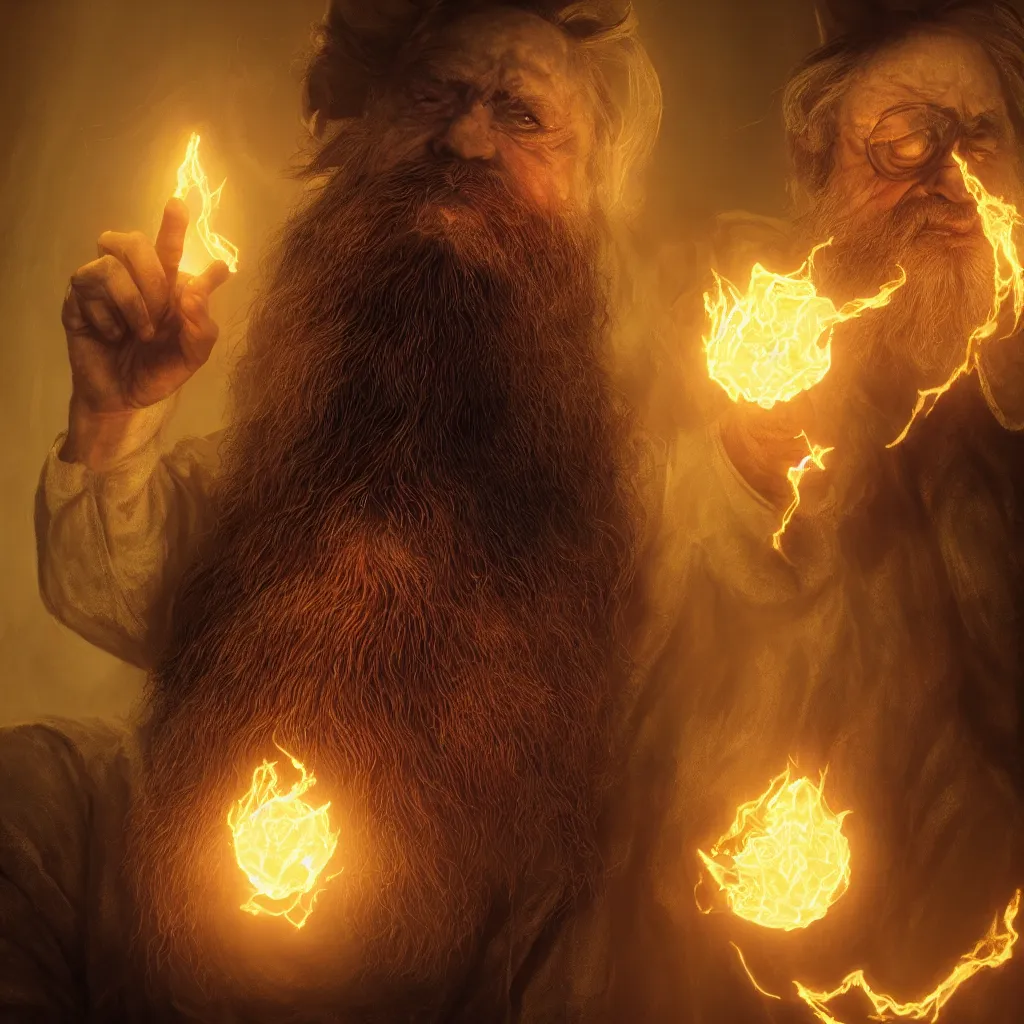 Image similar to Photorealistic cinematic close-up portrait of one angry dwarf wizard casting a fireball spell, by Larry Elmore and Steven Belledin . Magical occult photorealism, UHD, amazing depth, glowing, golden ratio, 3D octane cycle unreal engine 5, volumetric lighting, cinematic lighting, cgstation artstation concept art