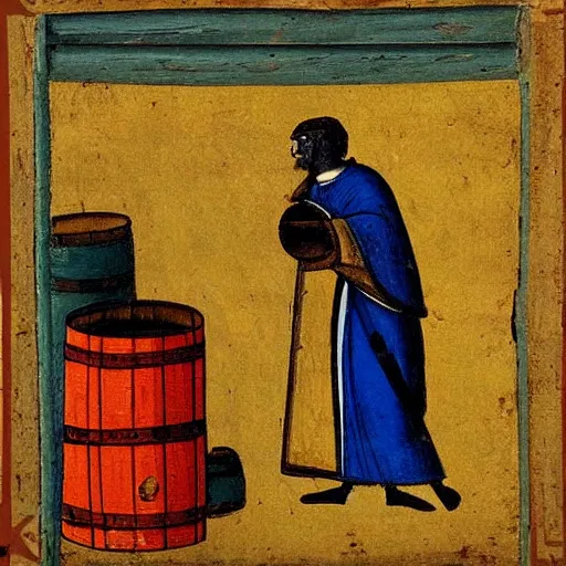 Prompt: medieval painting of a monk next to a barrel