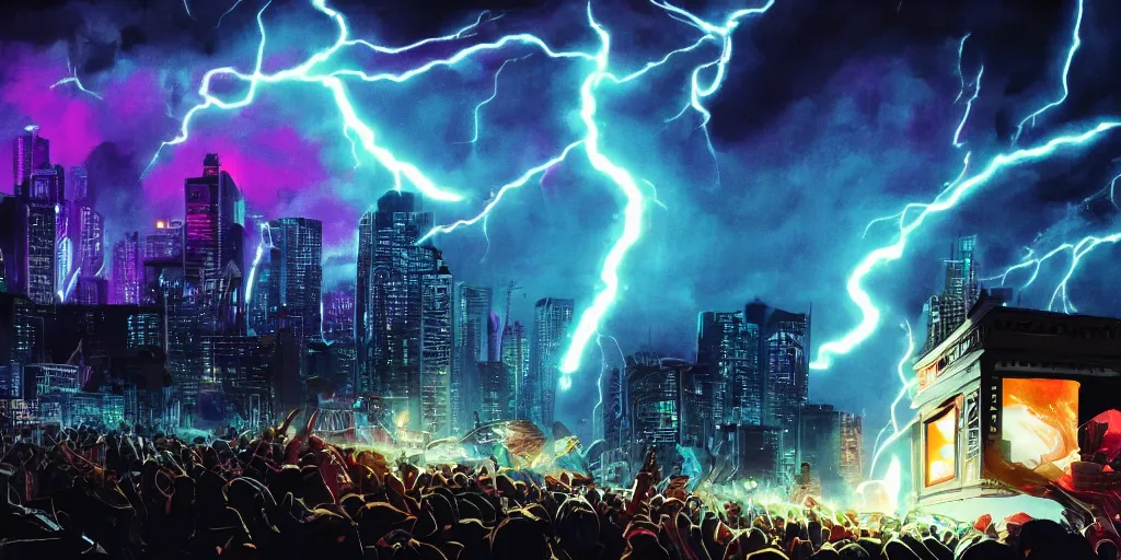 Image similar to Lightning storm while rapper performs on stage, digital art, vapor wave, hip hop, blade runner, trending on Artstation, professional artist, detailed, 4k