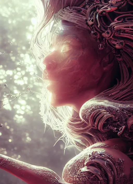 Image similar to stunning biomechanical incredible hair, masterpiece crystalline incrustations, hyperdetailed face, elegant pose, movie still, intricate, octane render, cinematic forest lighting, cgsociety, unreal engine, crepuscular rays, god rays