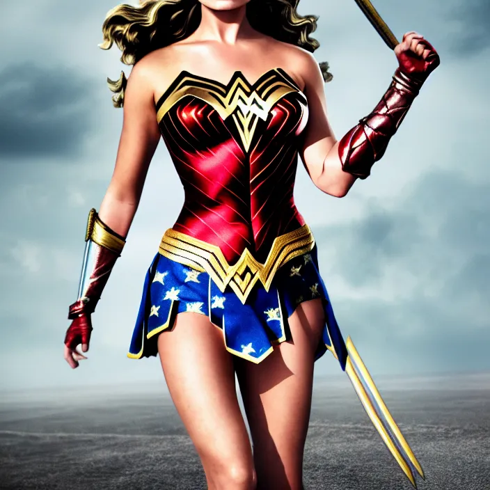 Image similar to full length portrait photograph of a margot robbie as wonder woman, Extremely detailed. 8k