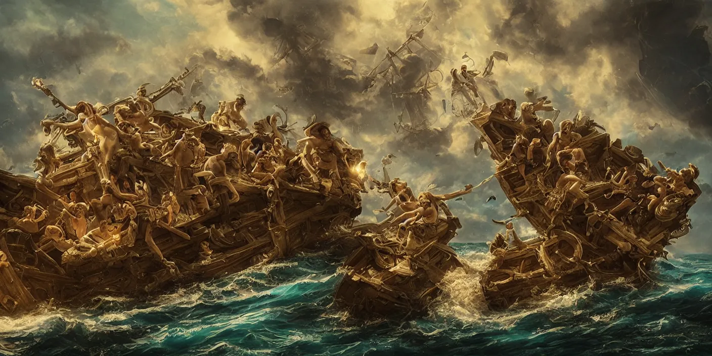 Image similar to “a group of ornate sirens singing pirates to shipwreck, cinematic lighting, detailed oil painting, hyperrealistic, 8k”