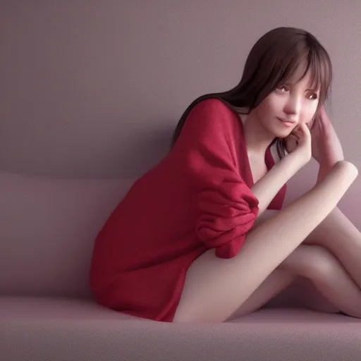 Image similar to 3 d render of a cute thin young woman, red blush, wearing casual clothes, small smile, relaxing on a couch, cuddling up under a blanket, cozy living room, medium shot, 8 k, octane render, trending on artstation, art by artgerm, unreal engine 5, hyperrealism, hyperdetailed, ultra realistic