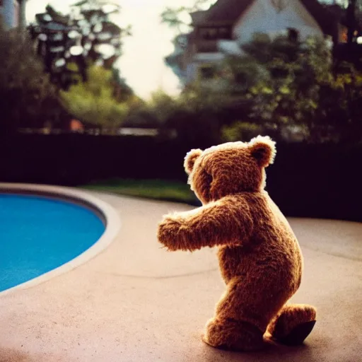 Prompt: photo teddy bear playing in swimming pool, cinestill, 800t, 35mm, full-HD