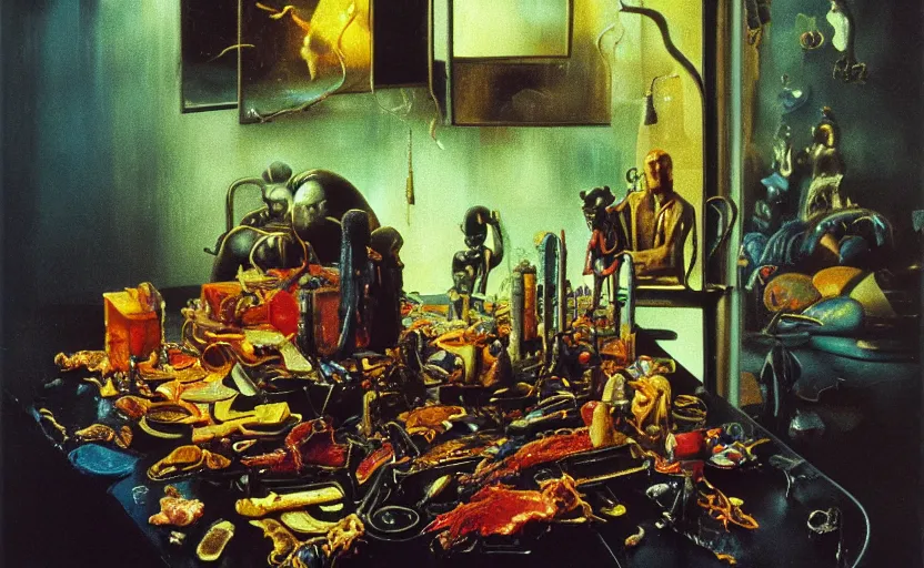 Image similar to blade runner, disturbing colorful oil painting dutch golden age vanitas still life sparse composition with bizarre objects strange gooey transparent surfaces shiny metal reflections bizarre mutant meat insects rachel ruysch dali todd schorr very detailed perfect composition rule of thirds masterpiece canon 5 0 mm, cinematic lighting, photography, retro, film, kodachrome