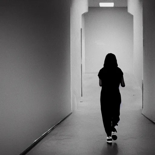 Image similar to film still of a girl walking through liminal space, black and white