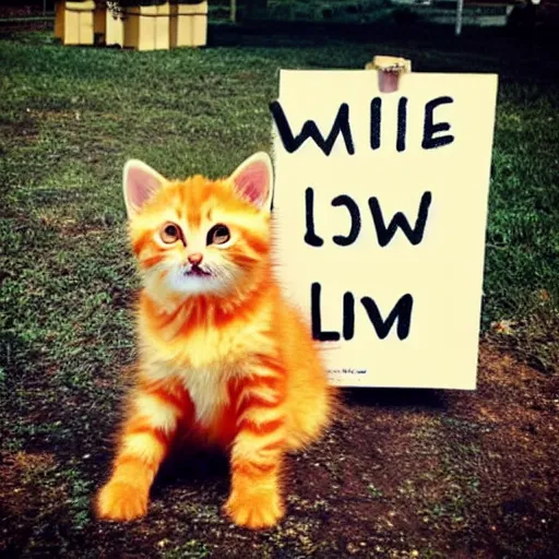 Image similar to cute fluffy orange tabby kitten with a sign that says