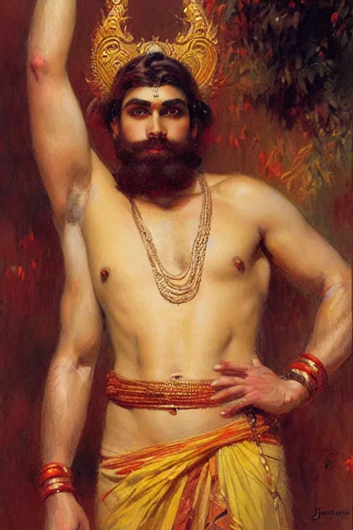 Image similar to attractive male, hinduism, painting by gaston bussiere, greg rutkowski, j. c. leyendecker