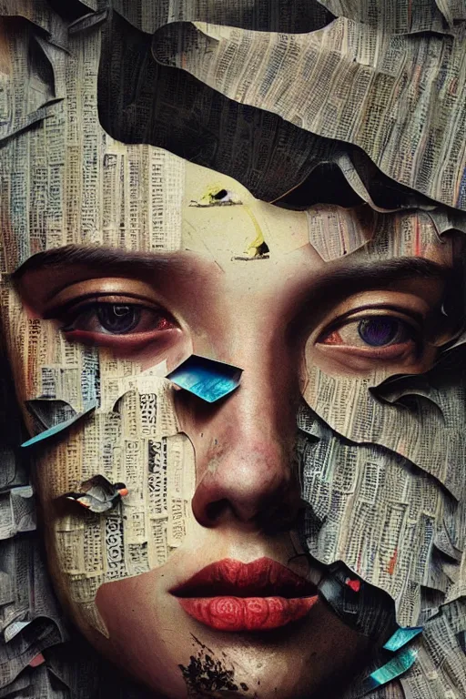 Prompt: 3 d, close - up, fashion model, newspaper, tears, poster art, intricate oil painting, high detail, figurative art, multiple exposure, poster art, 3 d, by stanley kubrick and tooth wu and wlop and beeple