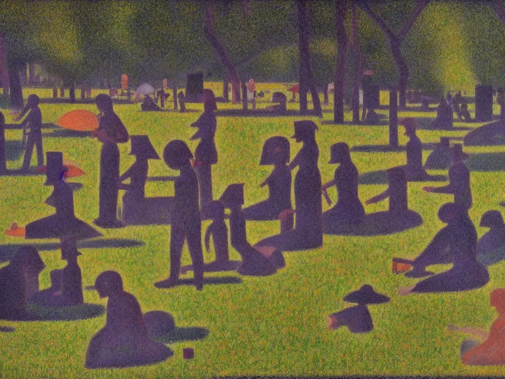 Prompt: a sunny day next to a river, many droids are milling in the park, by Georges Seurat and Moebius, trending on artstation
