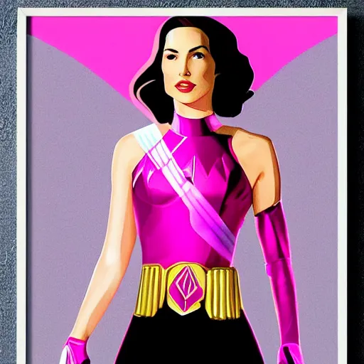 Image similar to a streamline moderne painting of gal gadot as the pink power ranger in the style of keanu reeves, and in the style of michael jackson. symmetry, smooth, sharp focus, semi - realism, intricate detail.