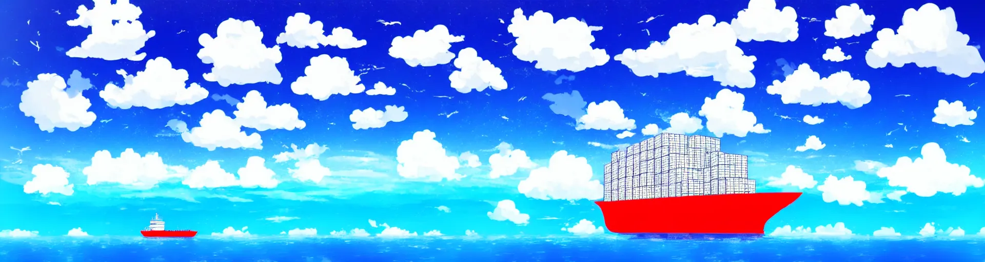 Prompt: in front of clouds, a big ship alone in ocean, clear blue sky background, don't have human, landscape, anime style