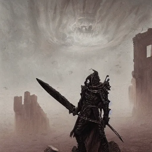 Prompt: hyper detailed painting of a dark executioner wielding a huge axe standing in an ancient ruined temple, hd, trending on artstation, gritty, dark fantasy, by beksinski, ruan jia, wayne barlowe, adrian smith fantasy art, lord of the ring art