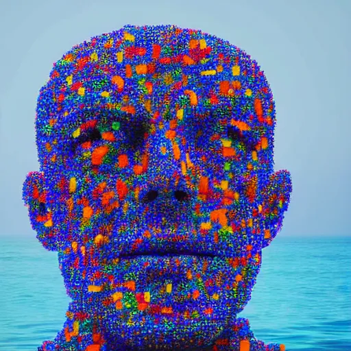 Image similar to a human head sculpture made out of thousands small gummy bears placed on the surface of the ocean, giant sculpture, in the style of chad knight, long shot, hyper detailed, hyper realistic, ray tracing, 8 k resolution, sharp focus, realistic water, award winning