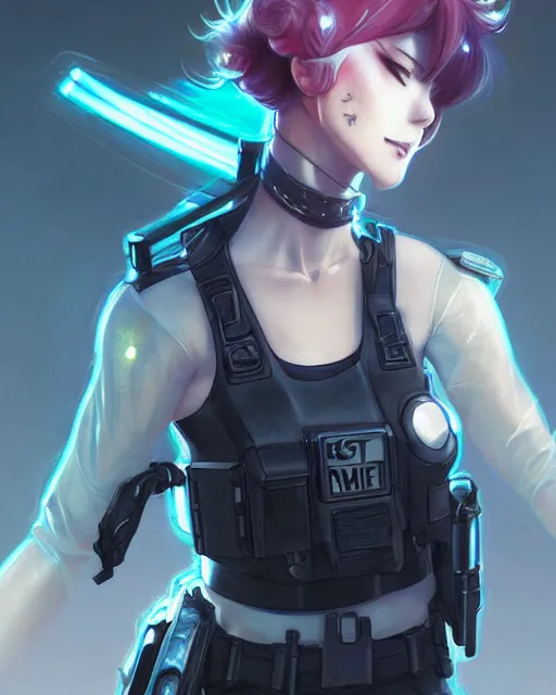 Image similar to nami, anime key visual of a young female swat officer, neon, cyberpunk, futuristic, white clothing, black vest, swat helmet, stunning, highly detailed, digital painting, smooth, soft focus, illustration, 4 k digital art from artstation by artgerm and greg rutkowski and alphonse mucha