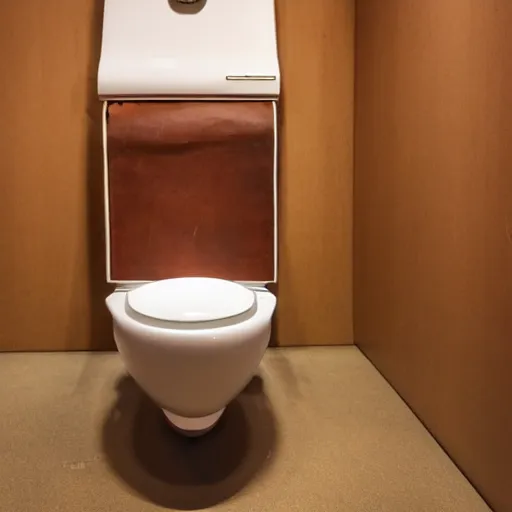 Prompt: mid-century modern toilet with leather seat designed by Charles and Ray Eames, as a museum exhibit
