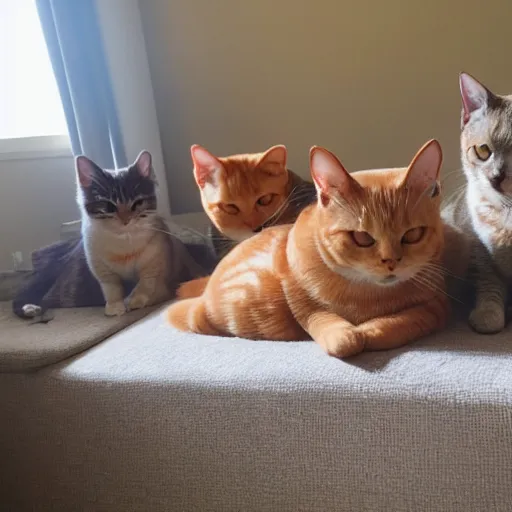 Image similar to three orange tabby cats and two grey tabby cats relaxing in the sunshine in a living room