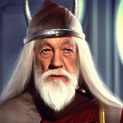 Image similar to A still of Gandalf as Captain Kirk on Star Trek, sharp focus, high quality, 4k