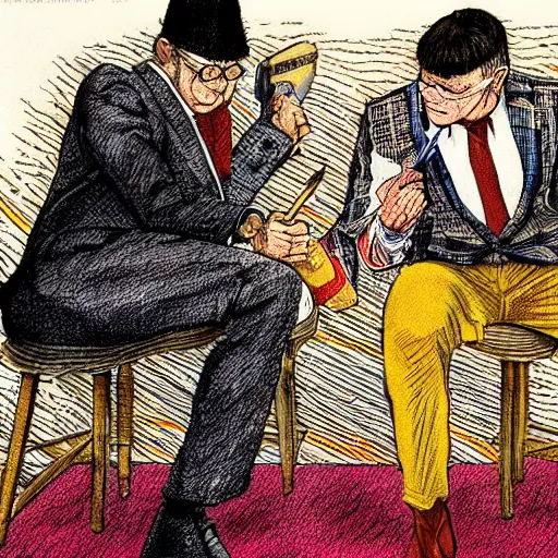 Image similar to The Artwork of R. Crumb and his Cheap Suit Klaus Schwab and Justin Tradeau, pencil and colored marker artwork, trailer-trash lifestyle