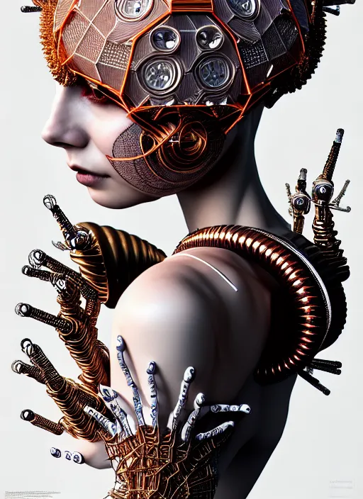 Image similar to portrait of an absurdly beautiful, graceful, sophisticated, fashionable cyberpunk mechanoid, hyperdetailed illustration by irakli nadar and alexandre ferra, intricate linework, white porcelain skin, faberge, coral headdress, unreal engine 5 highly rendered, global illumination, radiant light, detailed and intricate environment