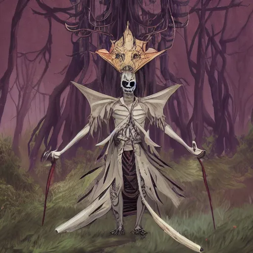 Image similar to concept art painting of an anthropomorphic dragon king with black robes, a long neck, and skull mask, in a deep forest, cel shaded, in the style of makoto shinkai and james gurney and studio ghibli and moebius