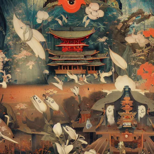 Prompt: Japanese Temple by Hieronymus Bosch and James Jean, Ross Tran, very coherent, hypermaximalist, 8k, surreal oil painting, highly detailed, dream like, masterpiece