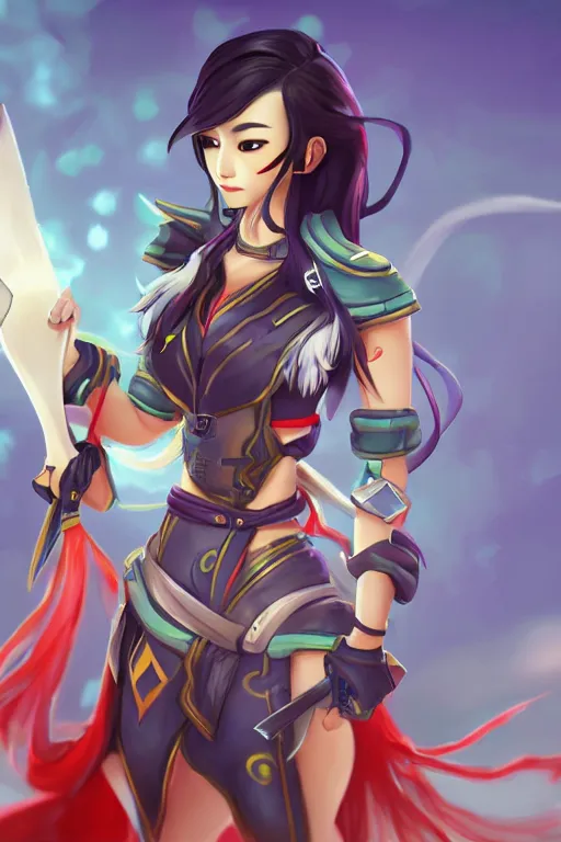 Image similar to a south korean female from paladins, she is holding kunai, highly detailed digital art, character design, masterpiece