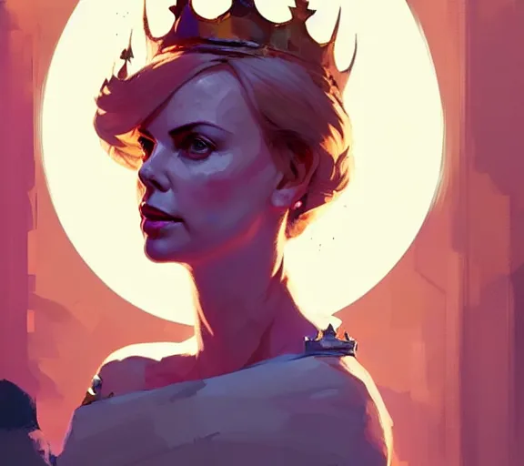 Image similar to portrait of portrait, charlize theron as a queen, fantasy, by atey ghailan, by greg rutkowski, by greg tocchini, by james gilleard, by joe fenton, by kaethe butcher, by ashley wood, dynamic lighting, gradient light blue, brown, blonde cream and white color scheme, grunge aesthetic