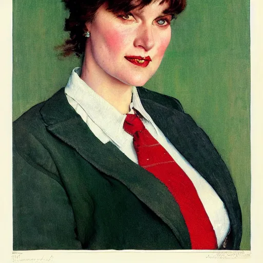 Image similar to Front portrait of a woman with bangs, and a sweater over a shirt and tie. Painting by Norman Rockwell.