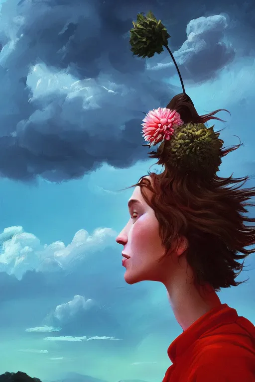 Image similar to closeup girl with giant dahlia flower as head, standing on mountain, surreal photography, blue storm clouds, dramatic light, impressionist painting, digital painting, artstation, simon stalenhag