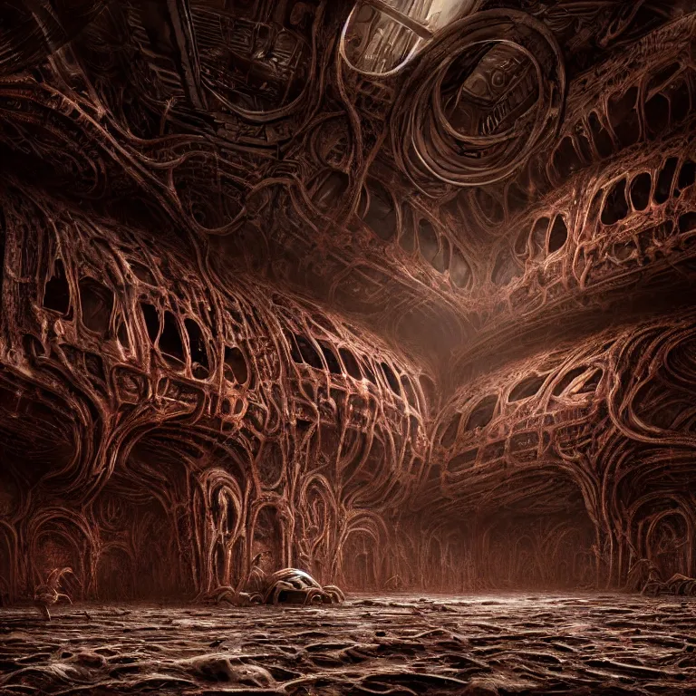 Prompt: ribbed surreal abandoned biomechanical alien spaceship interior halls on exoplanet, covered in organic flesh meat, in a desolate empty wasteland, creepy, nightmare, dream-like heavy atmosphere, surreal abandoned buildings, beautiful detailed intricate insanely detailed octane render trending on Artstation, 8K artistic photography, photorealistic, chiaroscuro, Raphael, Caravaggio, Beksinski, Giger