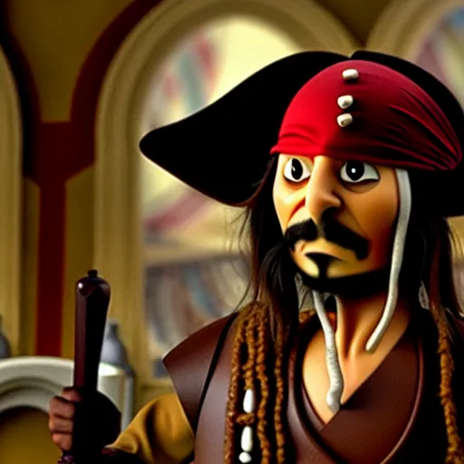 Image similar to mr. bean as jack sparrow from pirates of the carribean. movie still. cinematic lighting.